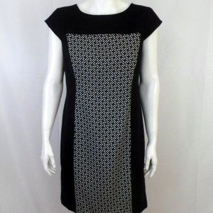 Kasper Womens 8 Black White Geometric Print Panel Cap Sleeve Sheath Dress
